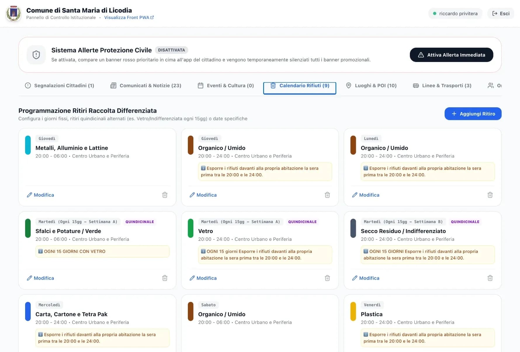 Pannello dell'Ente: calendario della raccolta differenziata
