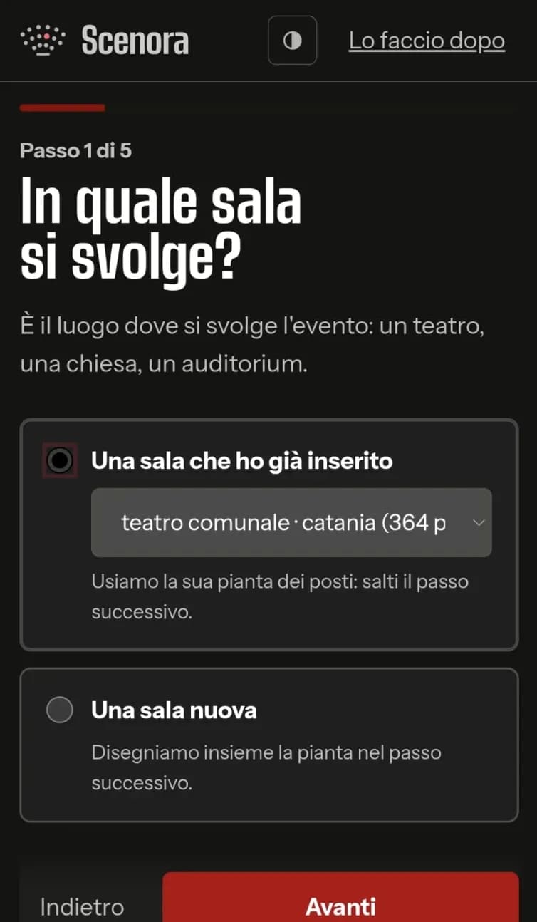 Scenora su smartphone: creazione guidata, la scelta della sala